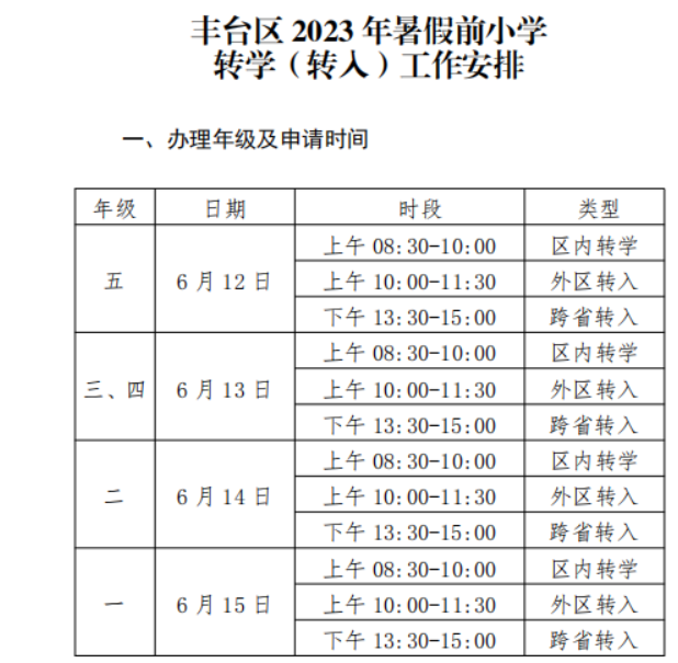 2023北京丰台小学转学申请时间