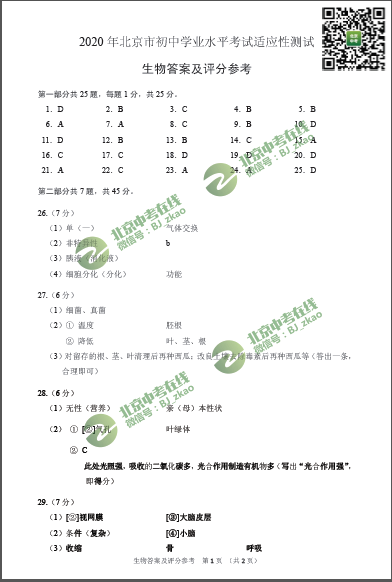 2020北京初二生物适应性考试试卷和答案