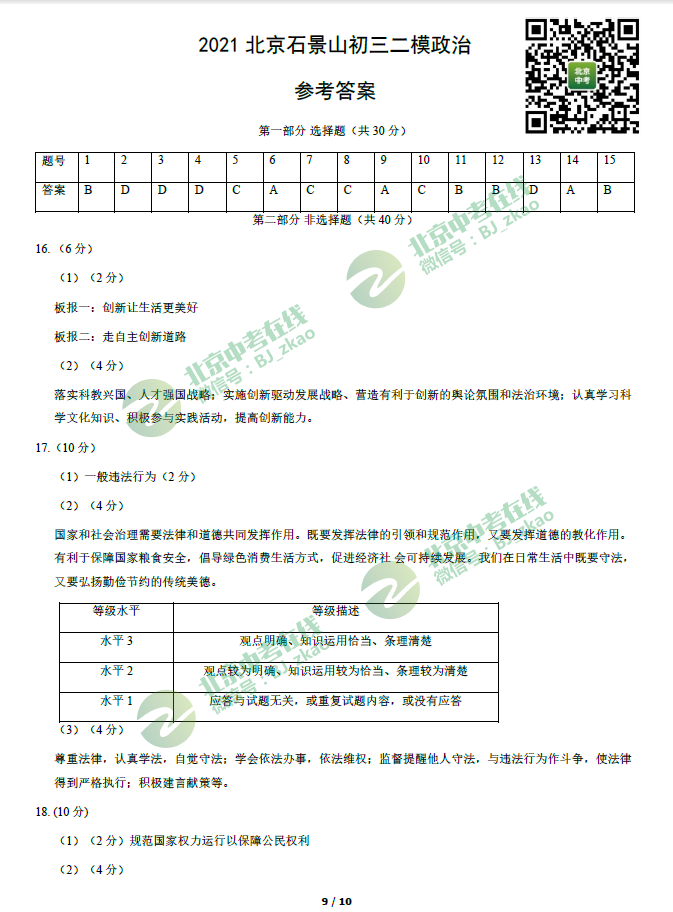 2021石景山初三二模道法试卷&答案